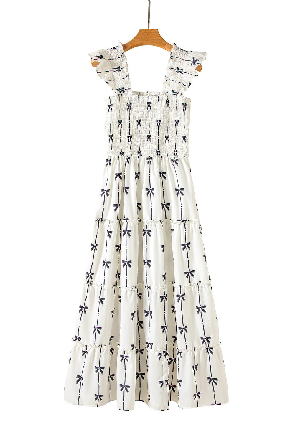 Black Bow Print Smocked Ruffle High Waist Maxi Dress
