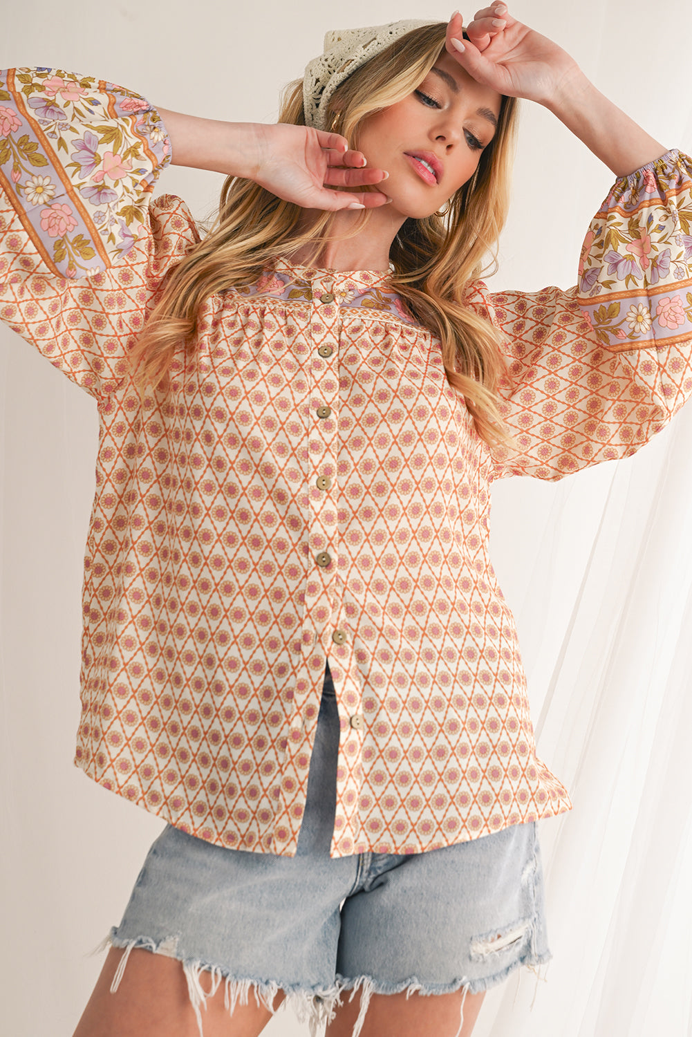 Multicolour Boho Floral Puff Sleeve V-Neck Button Blouse