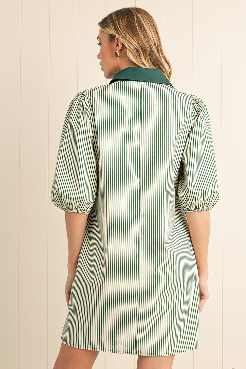 Green Patch Pockets Button Down Short Puff Sleeve Dress
