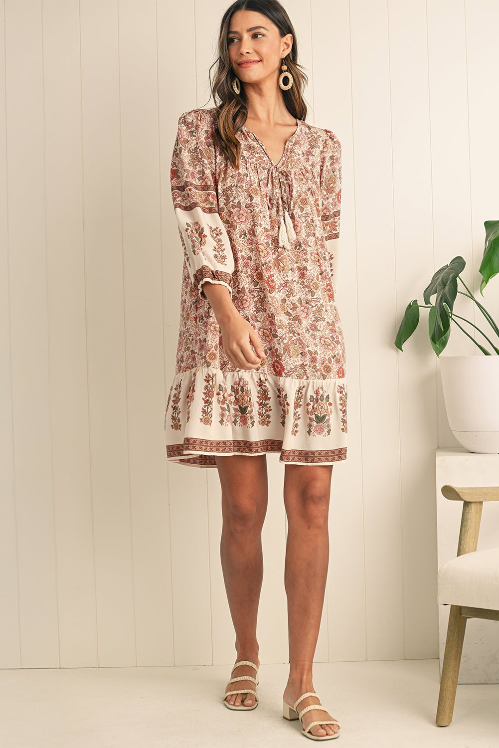 Apricot Floral Print Tassel Drawstring V Neck Loose Mini Dress