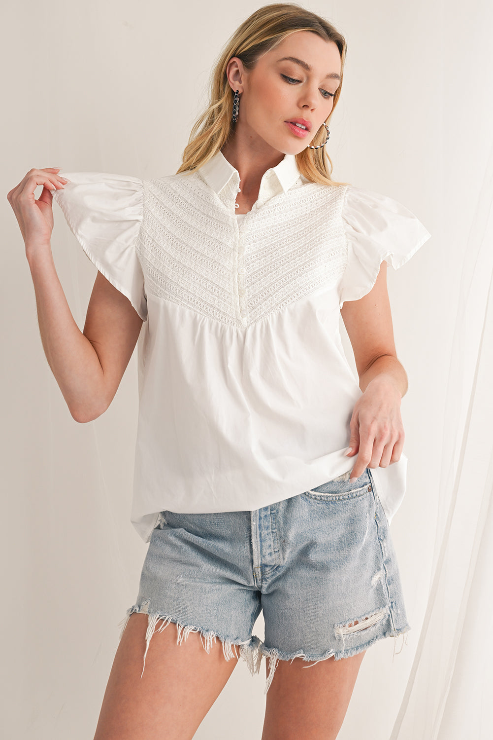 White Crochet Patchwork Ruffle Sleeve Blouse