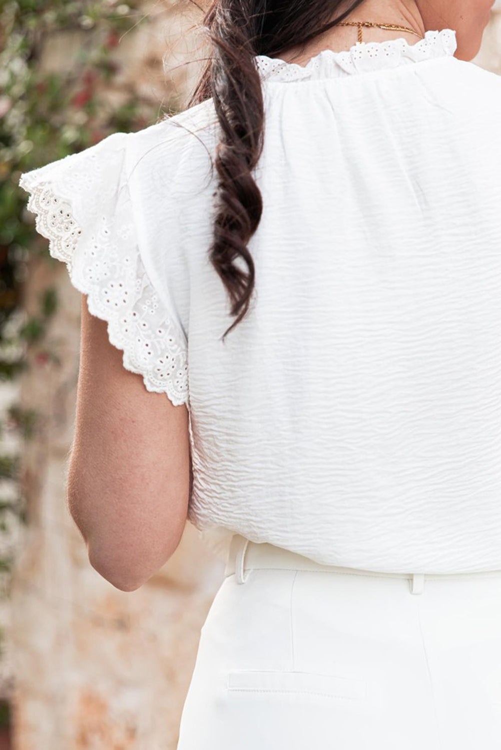White Embroidered Ruffle Trim Crinkle Blouse