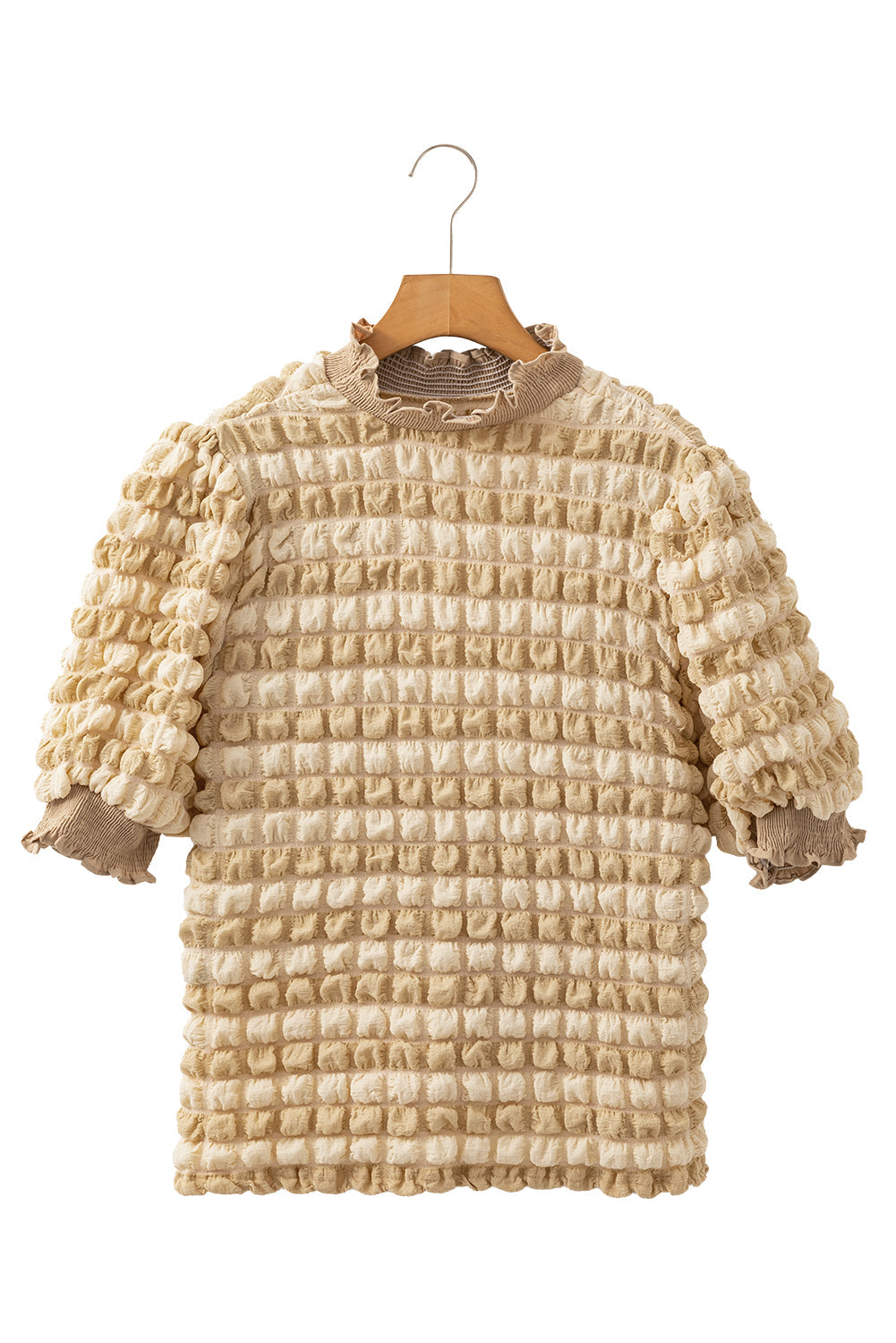 Beige Textured Frill Trim Smocked Puff Sleeve T Shirt