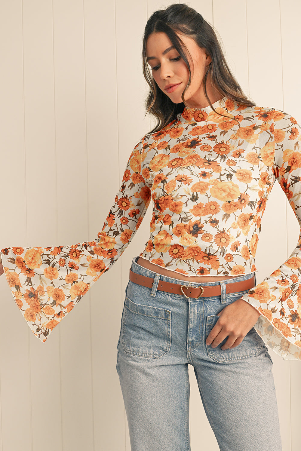 Orange Floral Print Bell Sleeve Mock Neck Scallop Trim Blouse