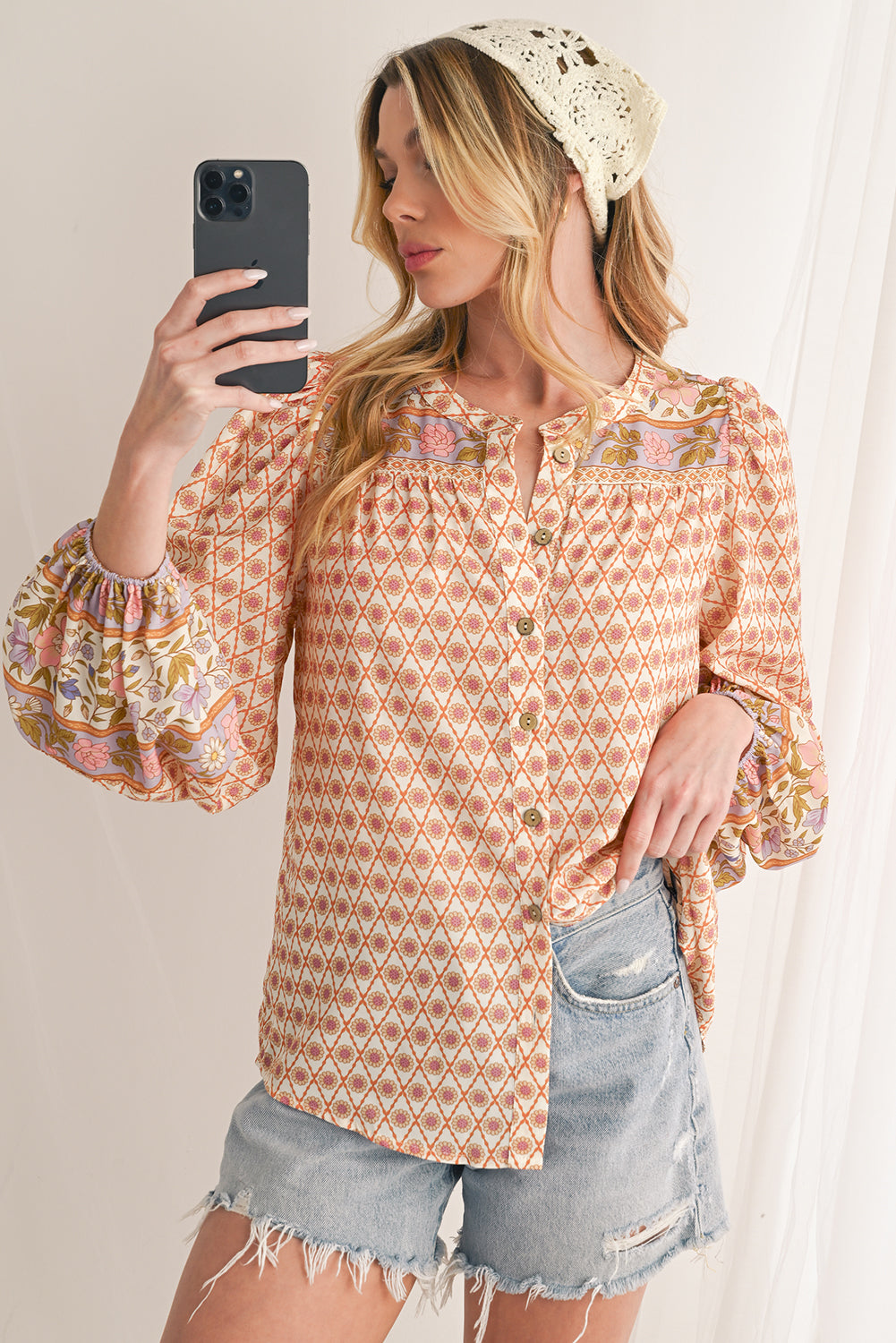 Multicolour Boho Floral Puff Sleeve V-Neck Button Blouse
