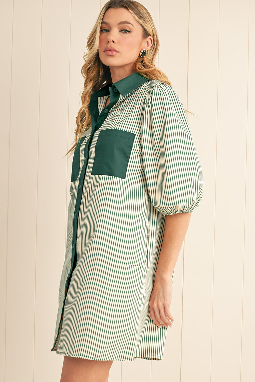 Green Patch Pockets Button Down Short Puff Sleeve Dress