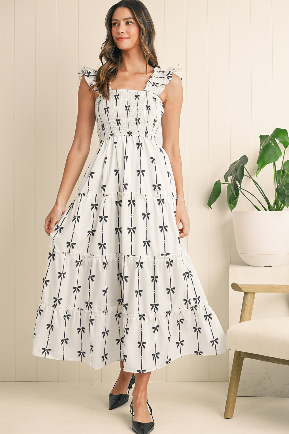 Black Bow Print Smocked Ruffle High Waist Maxi Dress