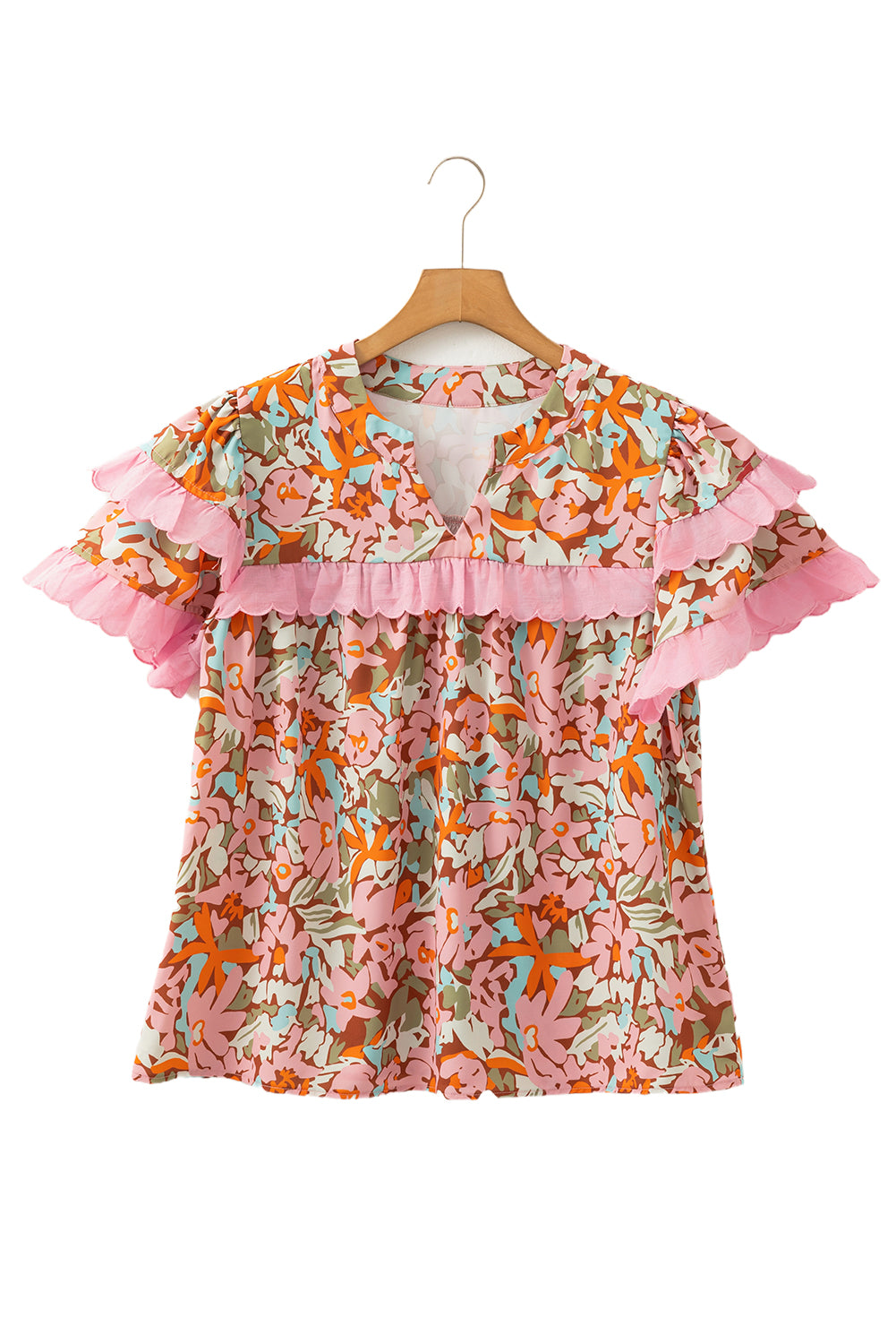 Multicolour Boho Floral V-Neck Ruffle Blouse