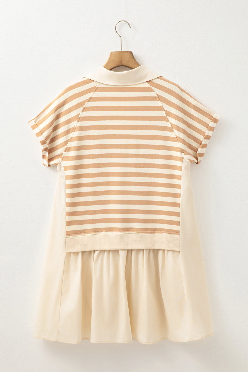 Khaki Striped Patchwork Short Sleeve Collared Mini Dress