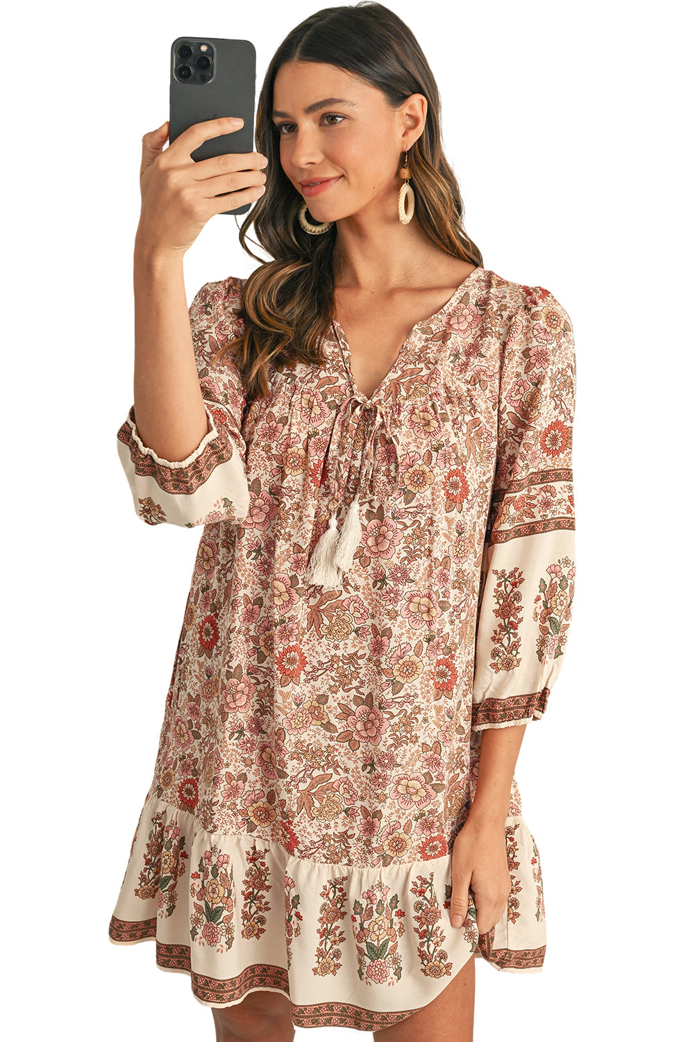 Apricot Floral Print Tassel Drawstring V Neck Loose Mini Dress