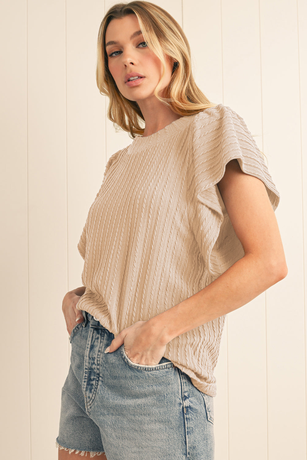 Moonlight Jade Solid Color Textured Ruffle Short Sleeve Knit Top