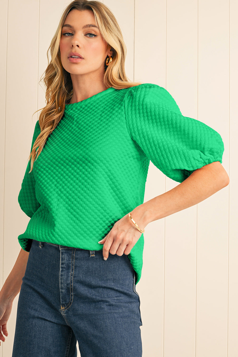 White Solid Textured O Neck Puff Sleeve Blouse