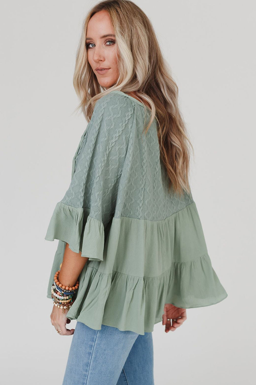 Laurel Green Tie Split Neck Textured Ruffle Patchwork Blouse