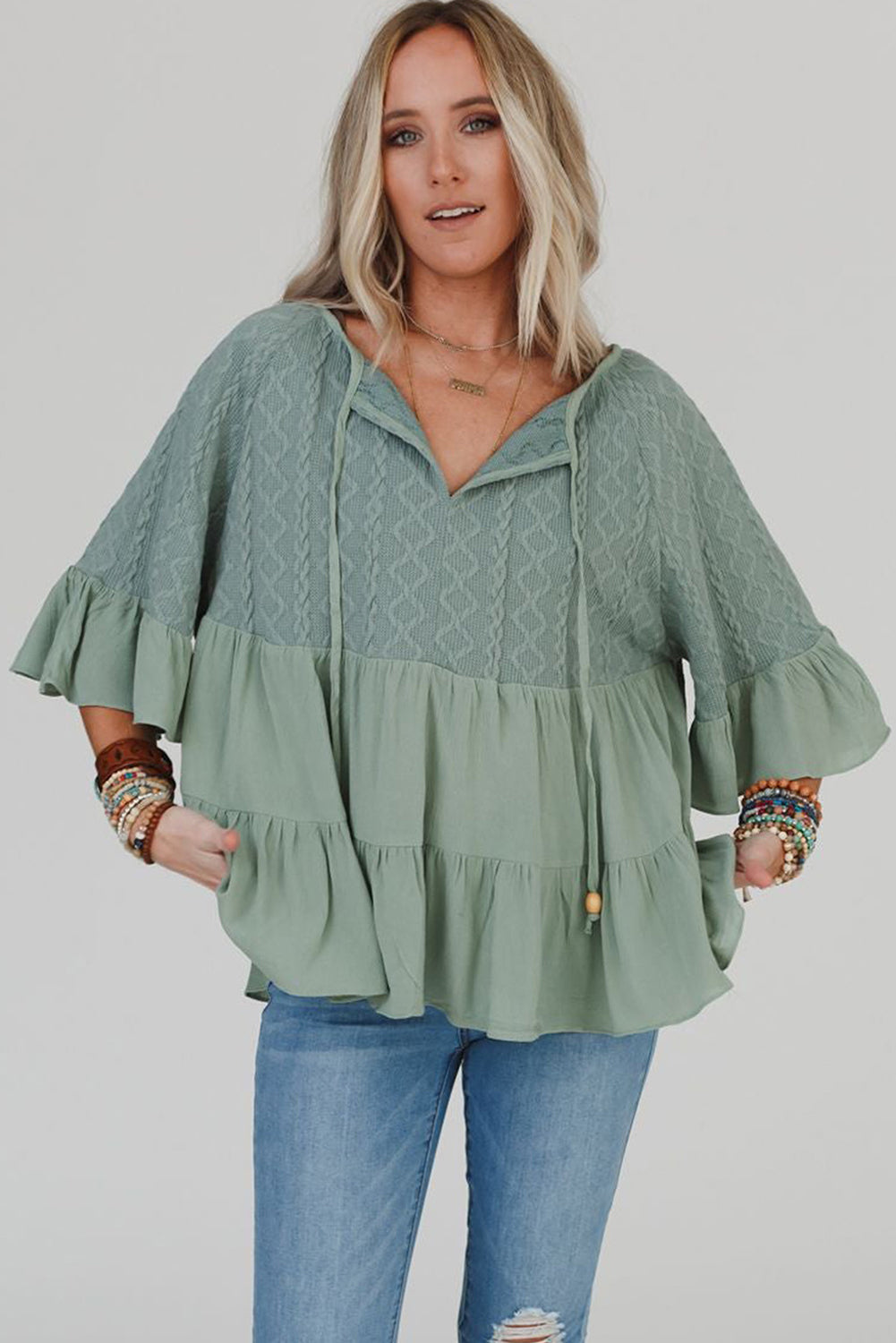 Laurel Green Tie Split Neck Textured Ruffle Patchwork Blouse