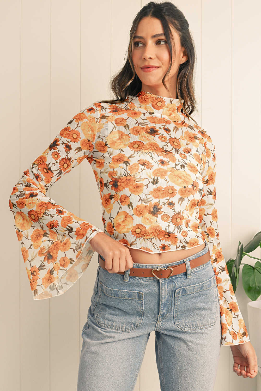 Orange Floral Print Bell Sleeve Mock Neck Scallop Trim Blouse
