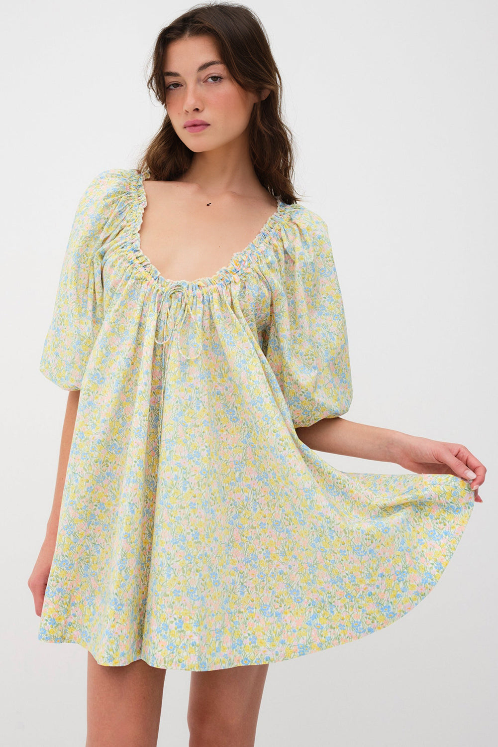 Green Floral Print Tie Neck Puff Sleeve Mini Dress