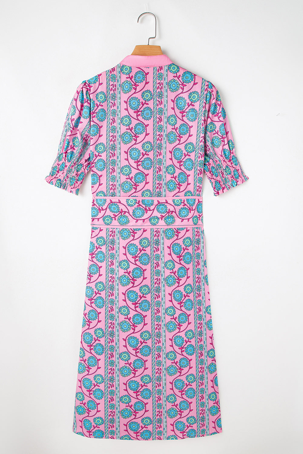 Pink Boho Floral Shirred Short Sleeve Belted Dress