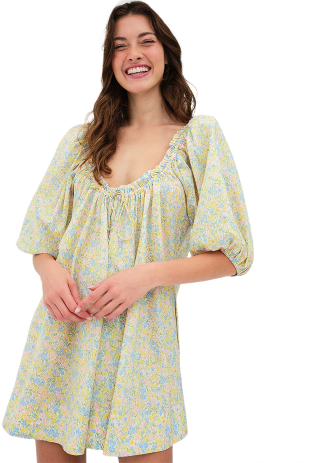 Green Floral Print Tie Neck Puff Sleeve Mini Dress