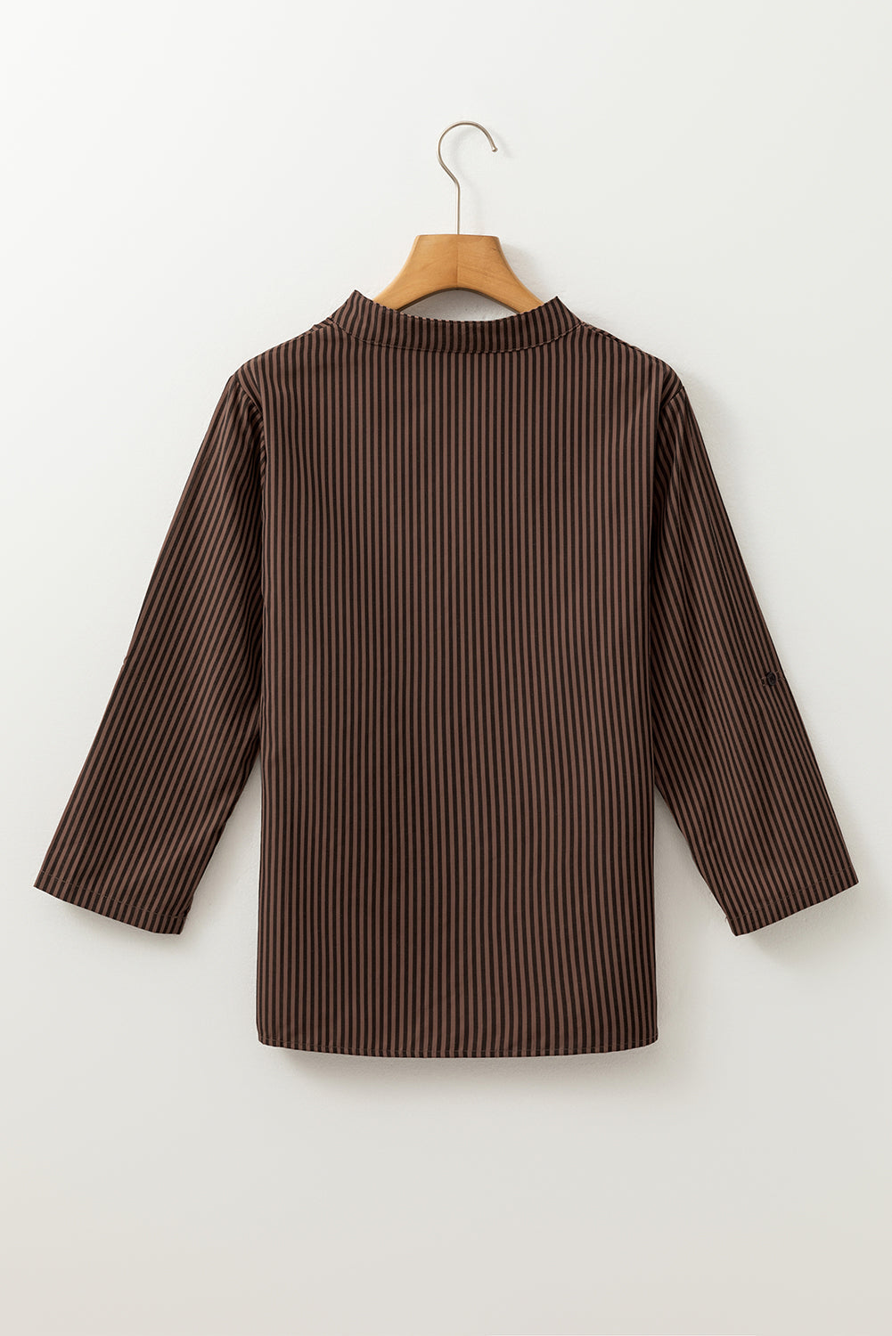 Green Stripe V Neck Pocket Roll-Up Sleeve Shirt