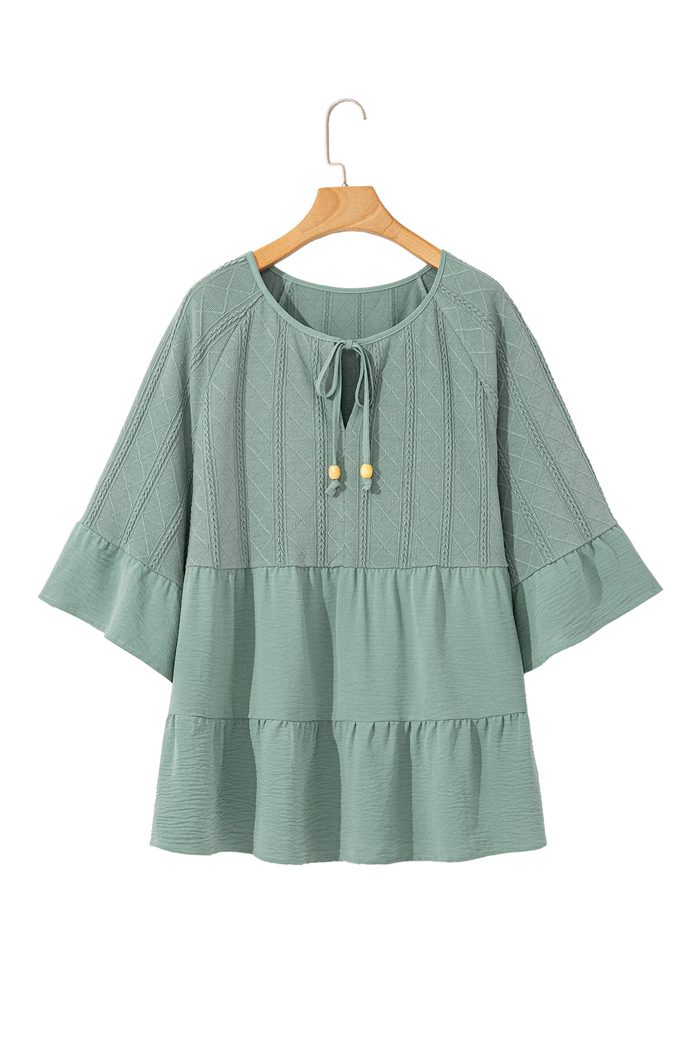 Laurel Green Tie Split Neck Textured Ruffle Patchwork Blouse