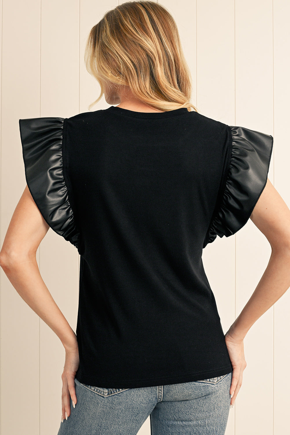 Cinnamon Leather Ruffle Shoulder Blouse