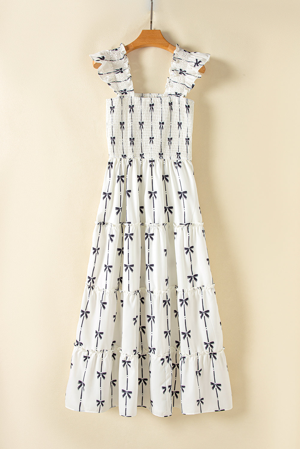 Black Bow Print Smocked Ruffle High Waist Maxi Dress