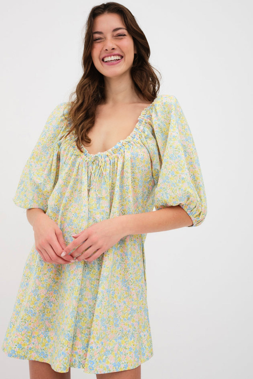 Green Floral Print Tie Neck Puff Sleeve Mini Dress