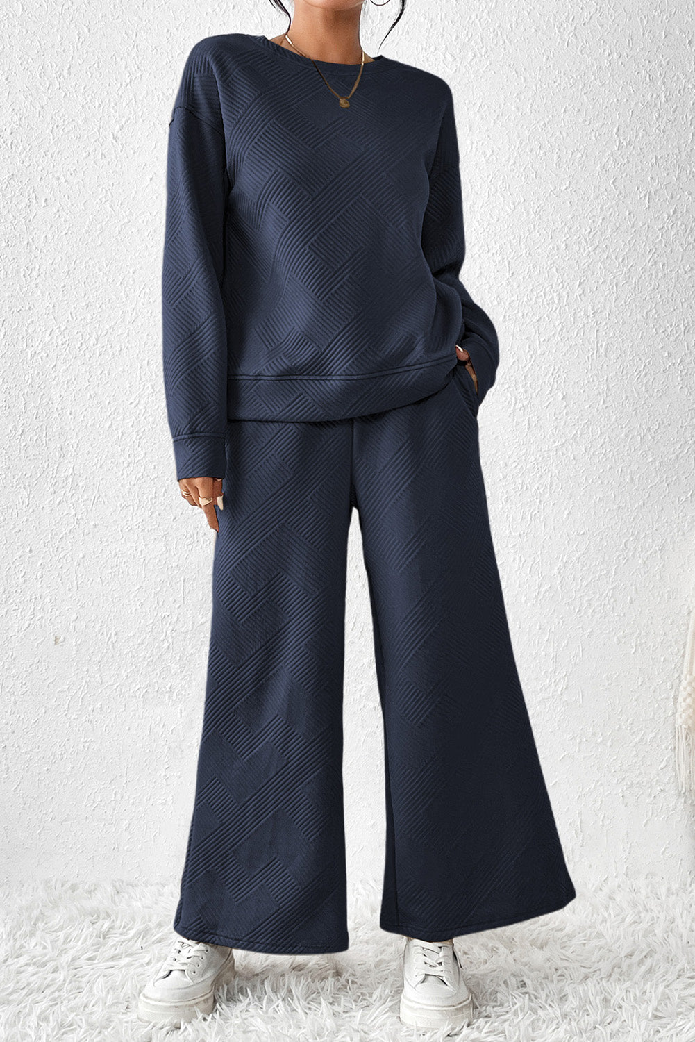 Dark Khaki Textured Loose Slouchy Long Sleeve Top and Pants Set