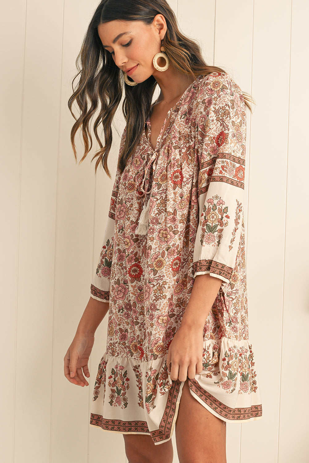 Apricot Floral Print Tassel Drawstring V Neck Loose Mini Dress