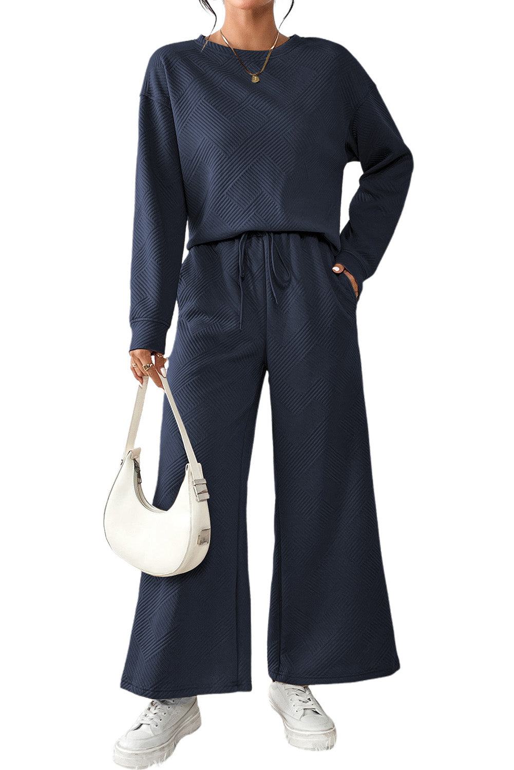 Dark Khaki Textured Loose Slouchy Long Sleeve Top and Pants Set