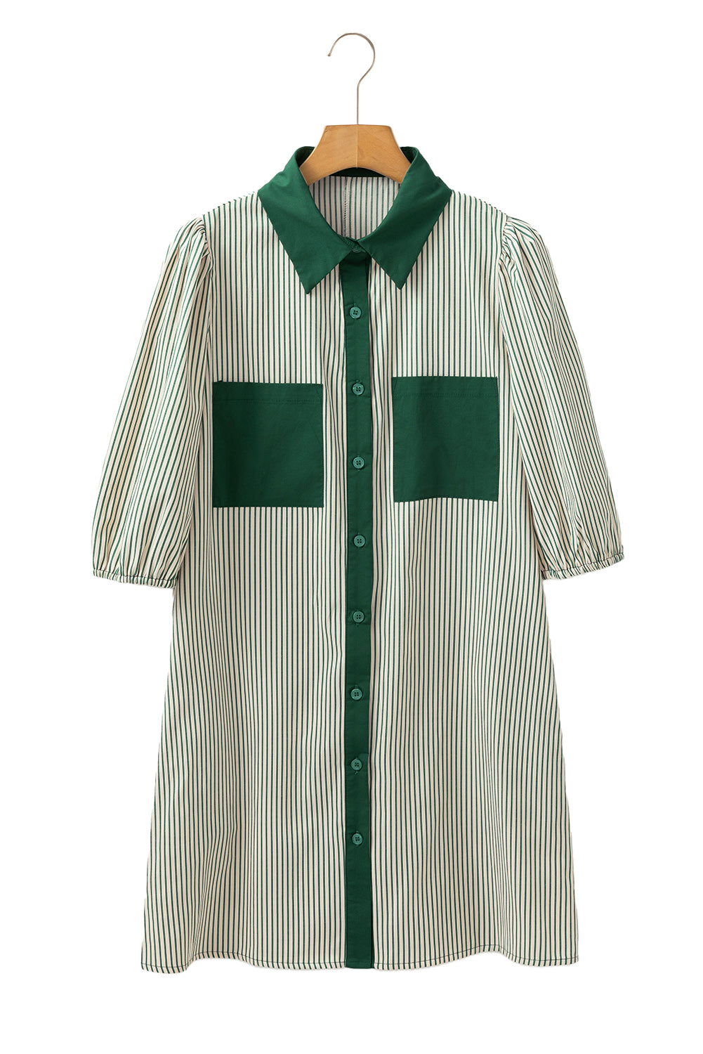 Green Patch Pockets Button Down Short Puff Sleeve Dress