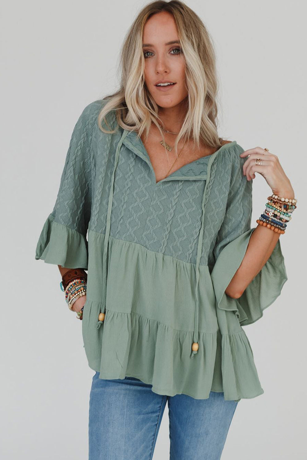 Laurel Green Tie Split Neck Textured Ruffle Patchwork Blouse
