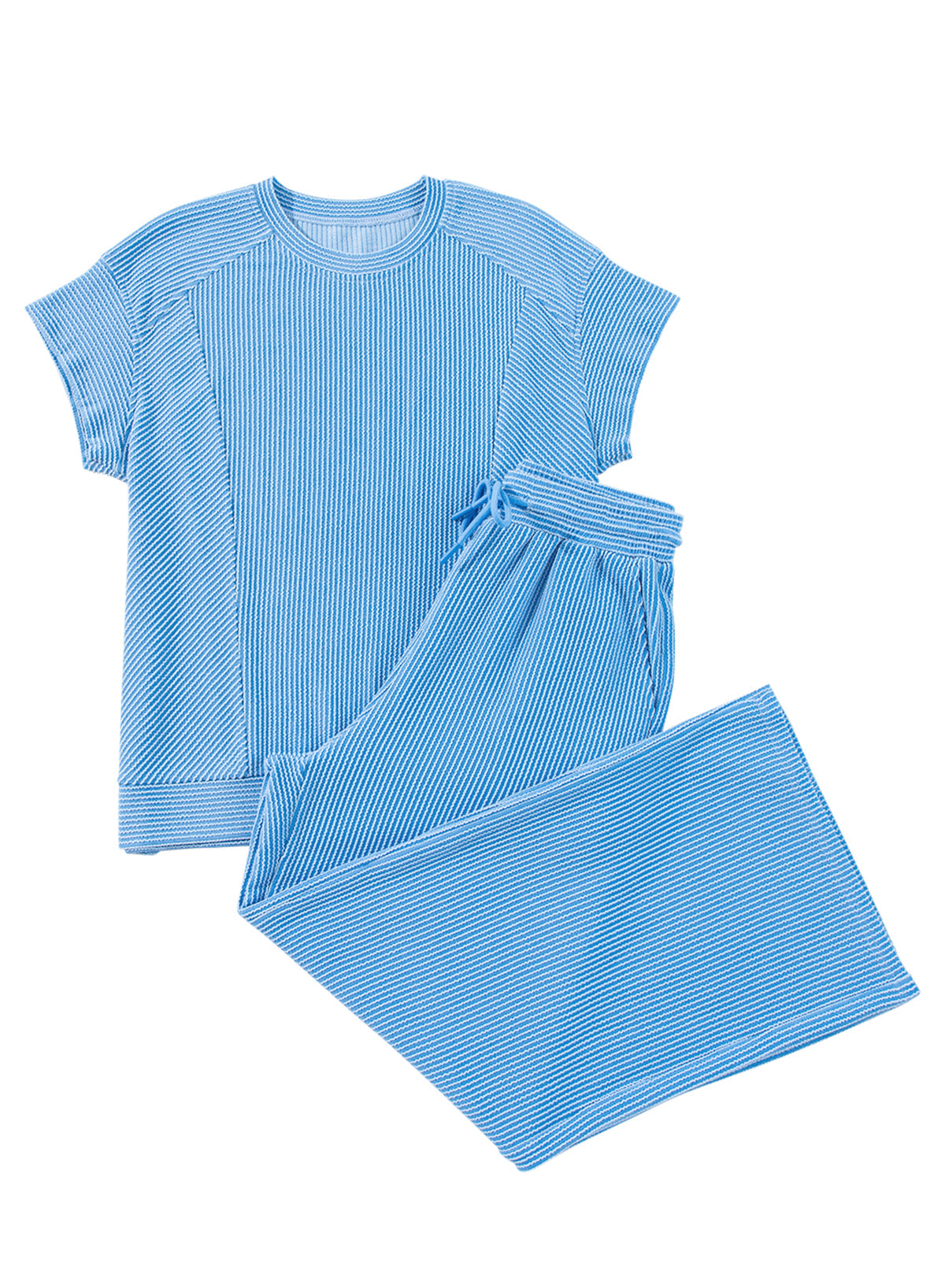 Wild Wind Solid Corded Short Sleeve T Shirt and Wide Leg Pants Set