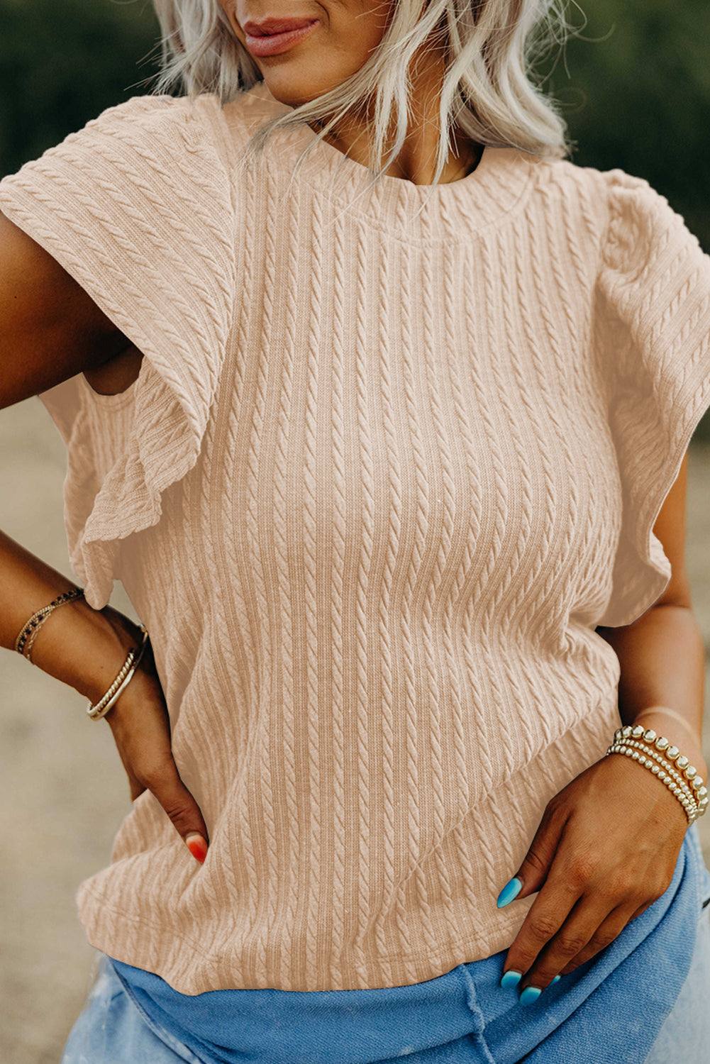 Moonlight Jade Solid Color Textured Ruffle Short Sleeve Knit Top