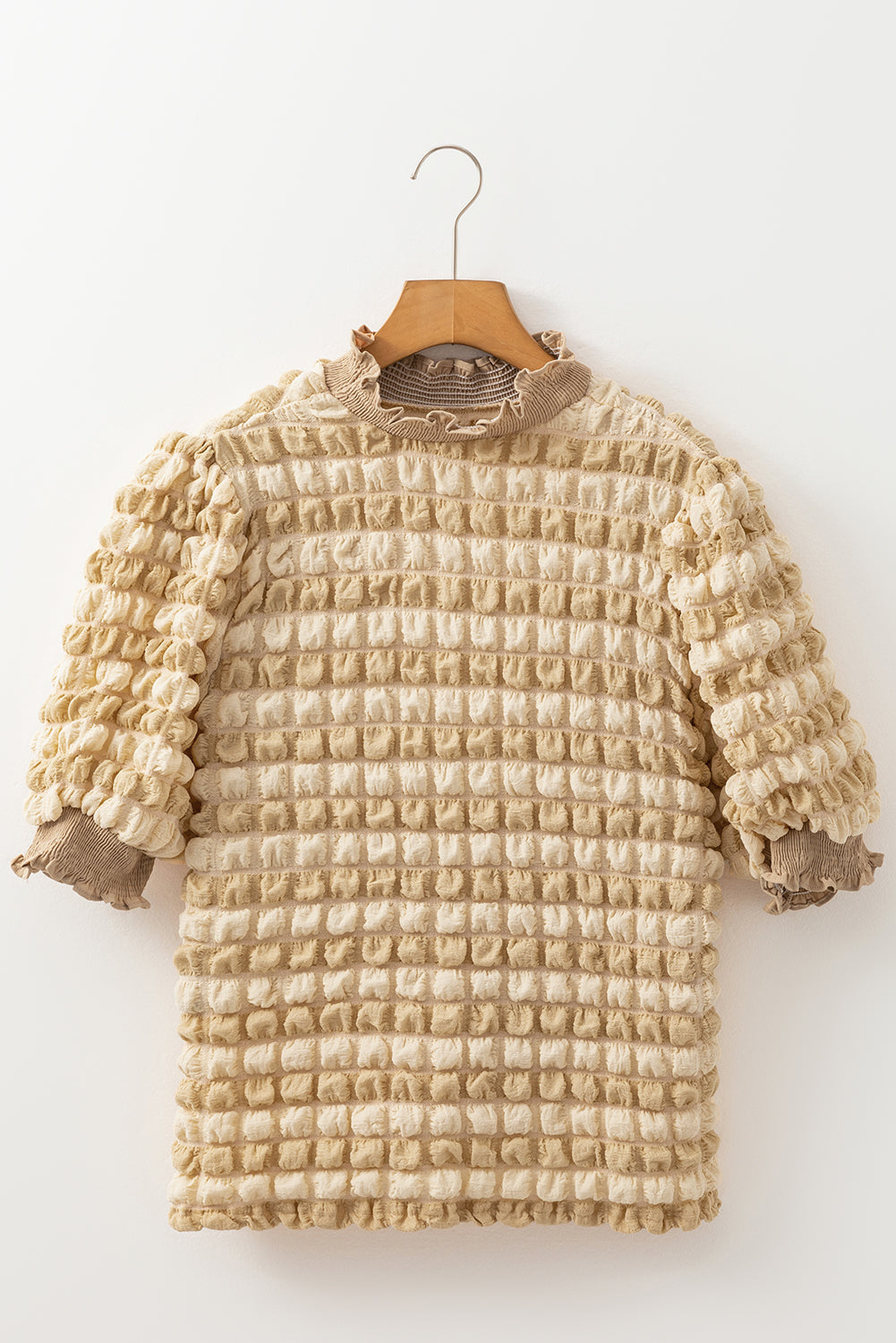 Beige Textured Frill Trim Smocked Puff Sleeve T Shirt