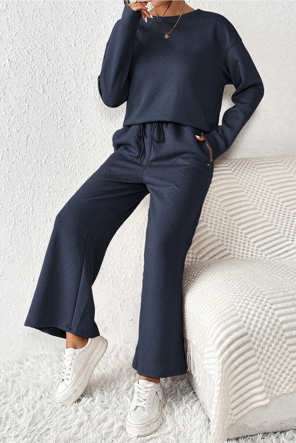 Dark Khaki Textured Loose Slouchy Long Sleeve Top and Pants Set