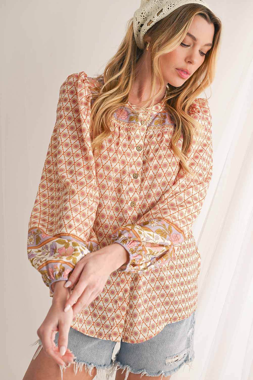 Multicolour Boho Floral Puff Sleeve V-Neck Button Blouse