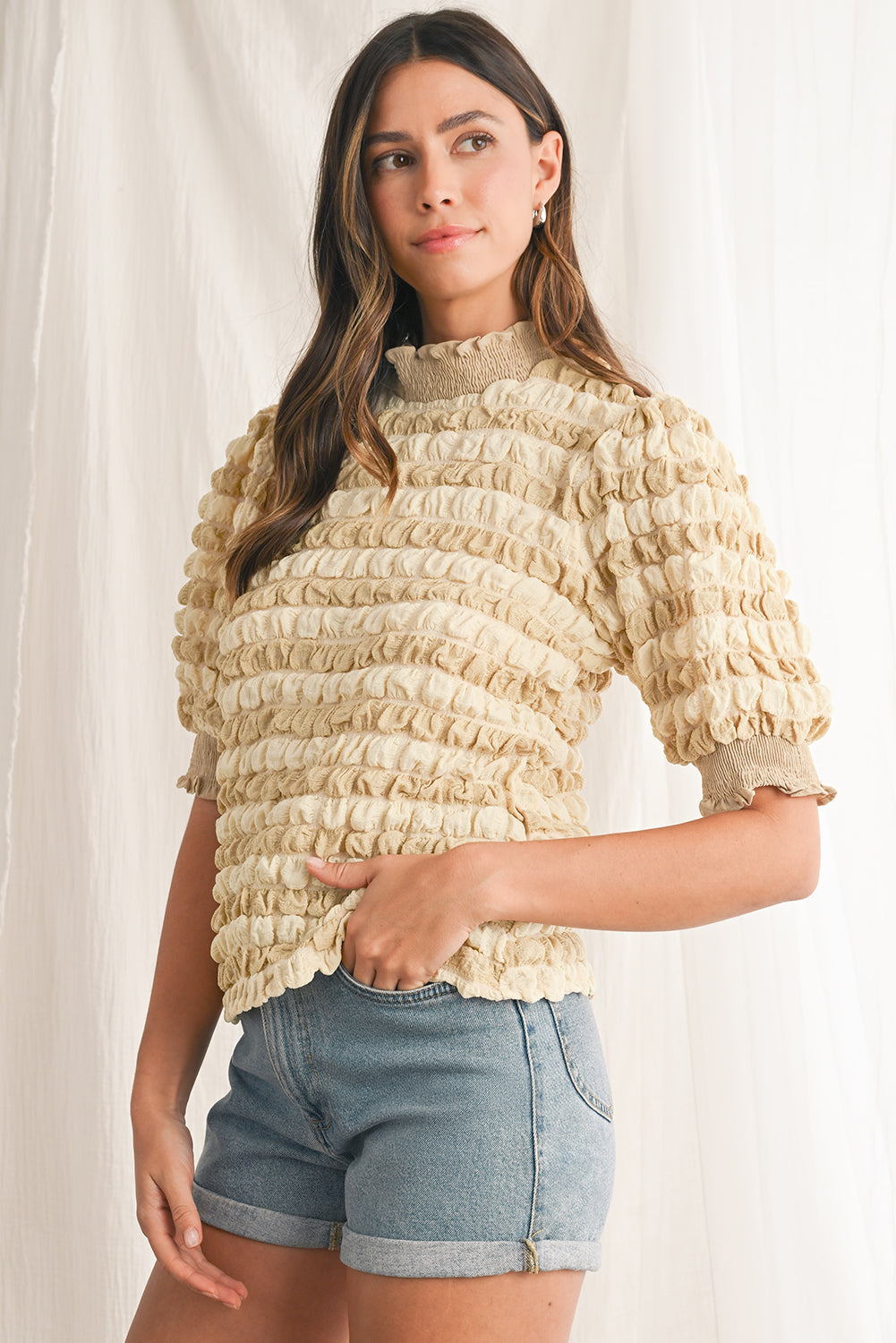 Beige Textured Frill Trim Smocked Puff Sleeve T Shirt