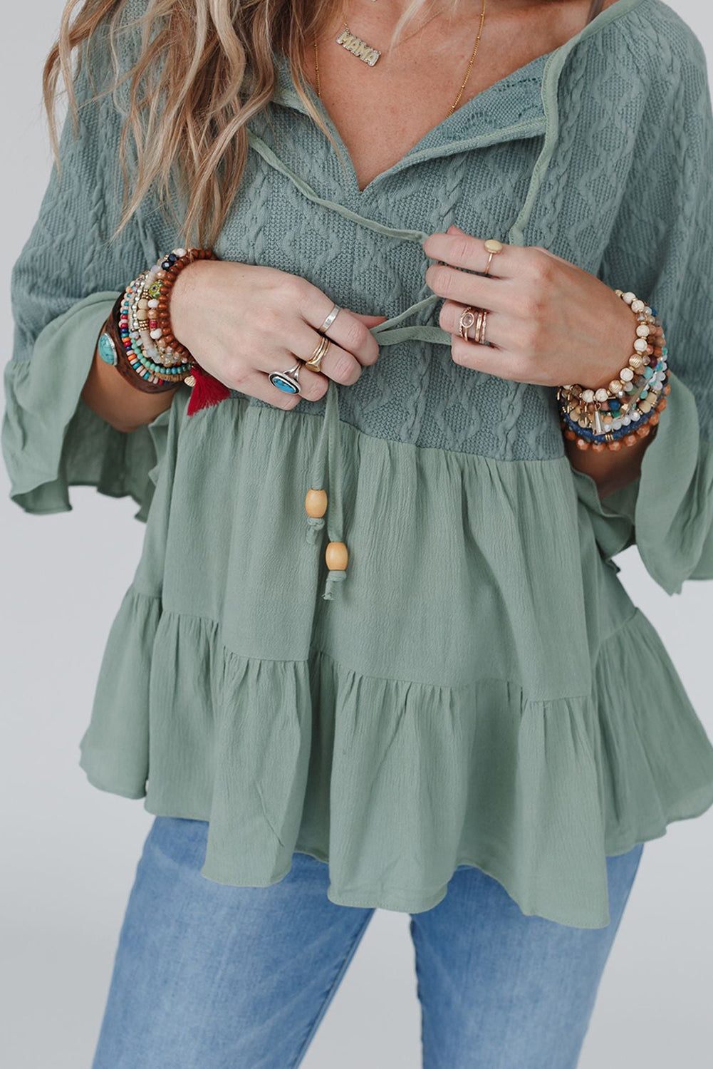 Laurel Green Tie Split Neck Textured Ruffle Patchwork Blouse