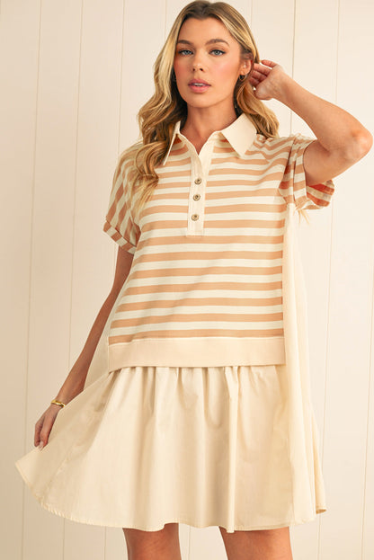 Khaki Striped Patchwork Short Sleeve Collared Mini Dress