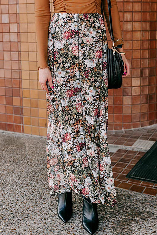 Brown Allover Floral Print Bohemian High Waist Maxi Skirt
