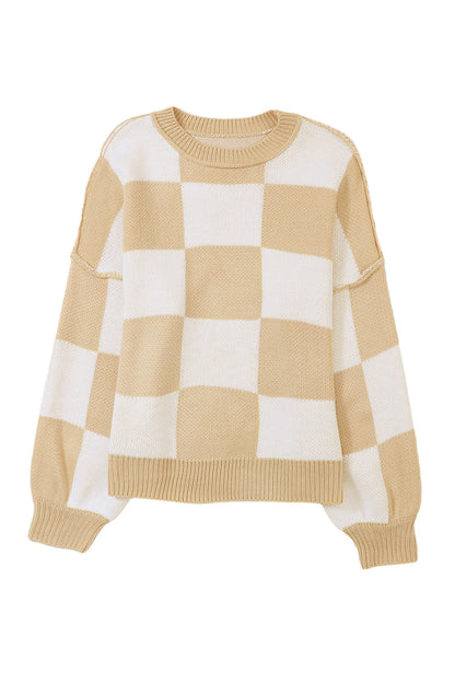 Khaki Plaid Bishop Sleeve Pullover Sweater