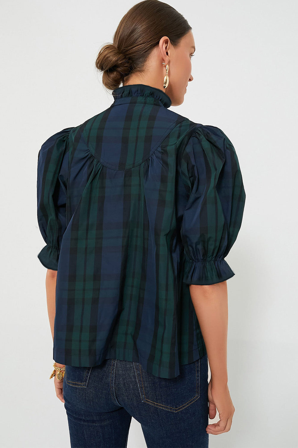 Blackish Green Plain Puff Sleeve Frill Trim Blouse