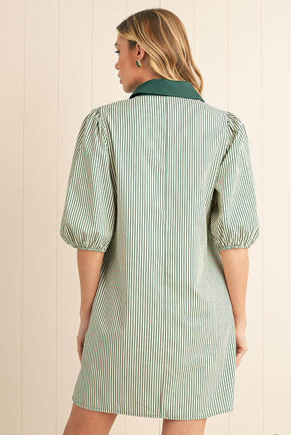 Green Patch Pockets Button Down Short Puff Sleeve Dress