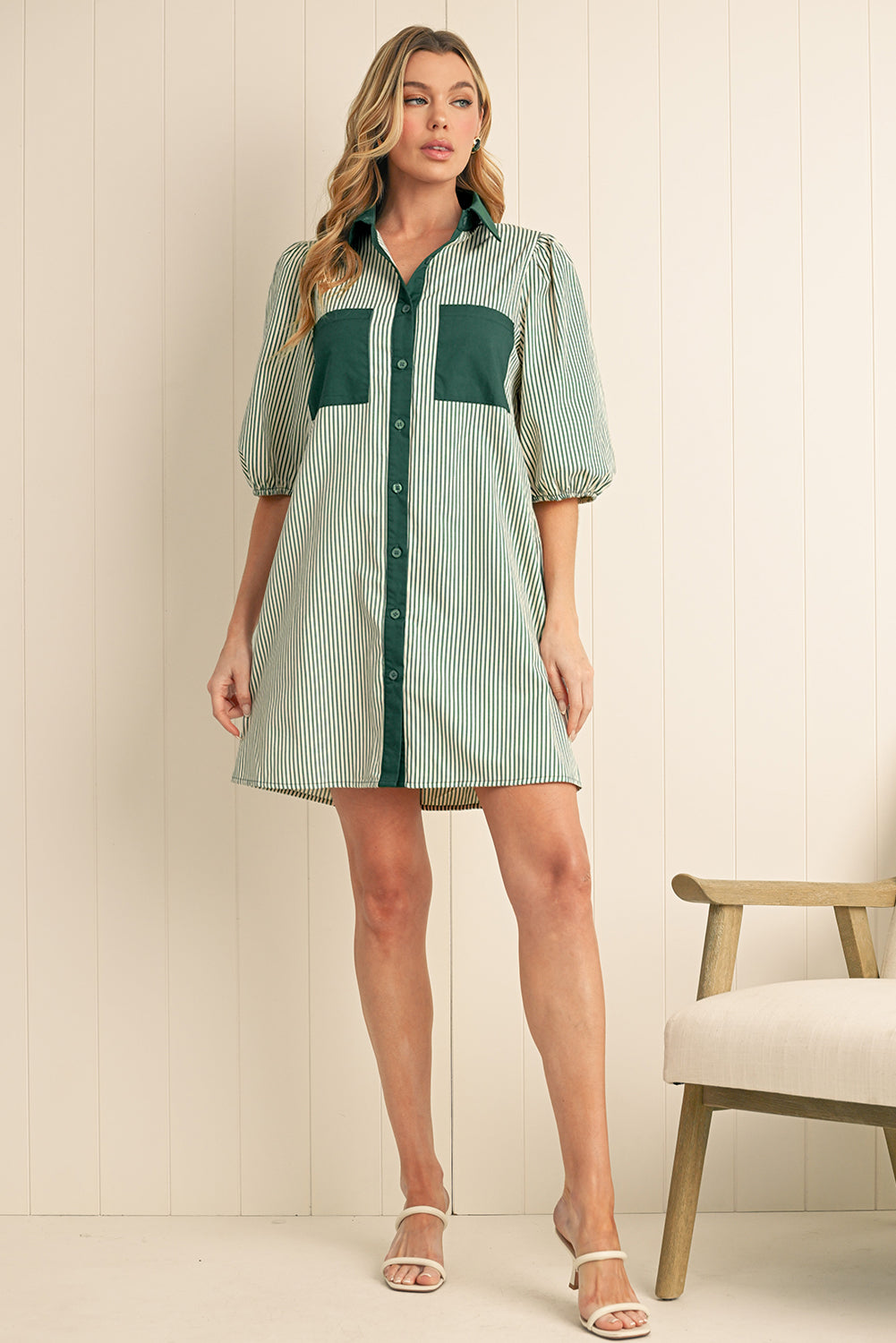 Green Patch Pockets Button Down Short Puff Sleeve Dress