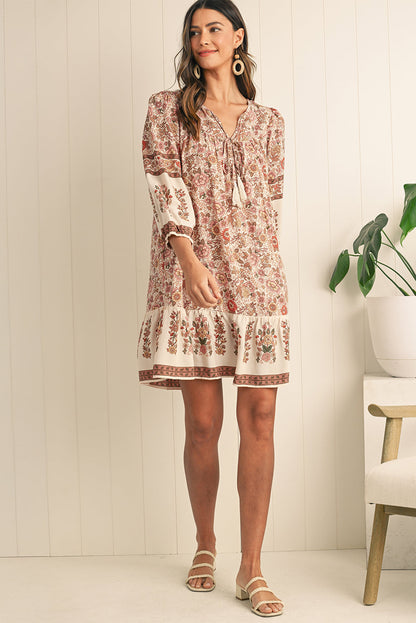 Apricot Floral Print Tassel Drawstring V Neck Loose Mini Dress