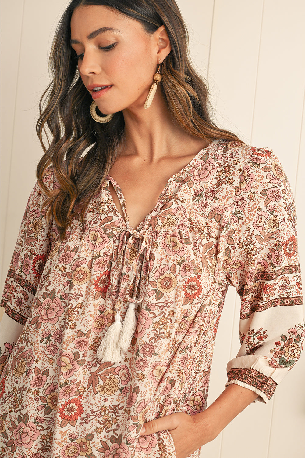 Apricot Floral Print Tassel Drawstring V Neck Loose Mini Dress