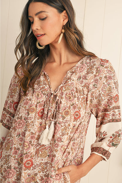 Apricot Floral Print Tassel Drawstring V Neck Loose Mini Dress