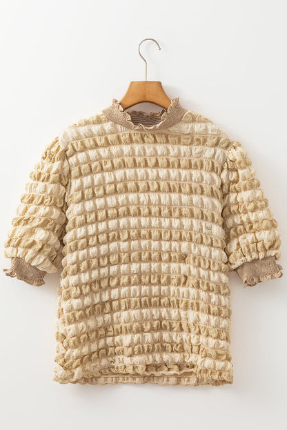 Beige Textured Frill Trim Smocked Puff Sleeve T Shirt