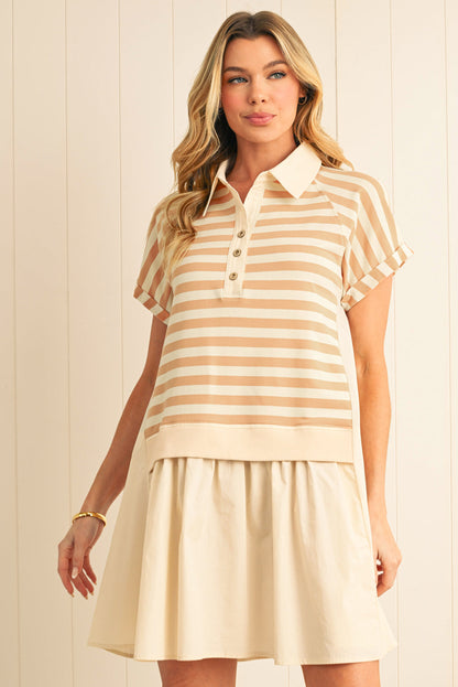 Khaki Striped Patchwork Short Sleeve Collared Mini Dress